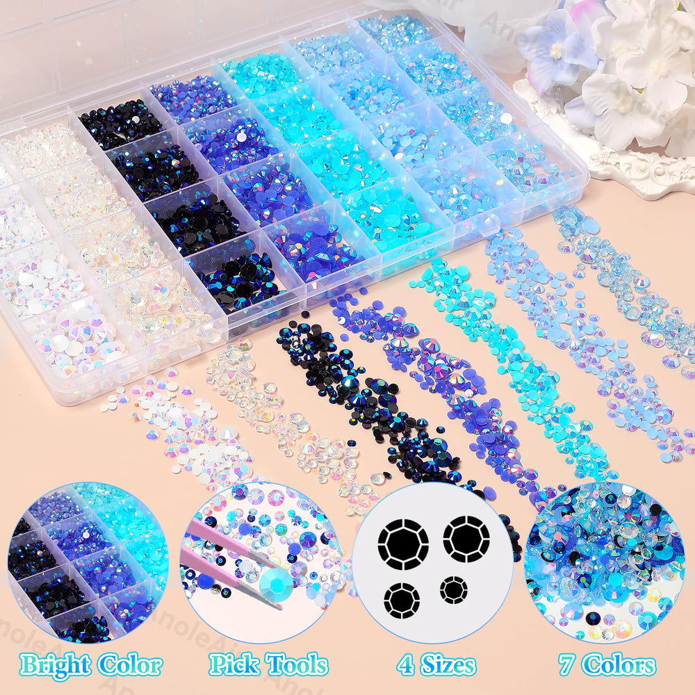 AnoleAir compartment box with 28 organized grids holding assorted blue resin gems for tidy storage