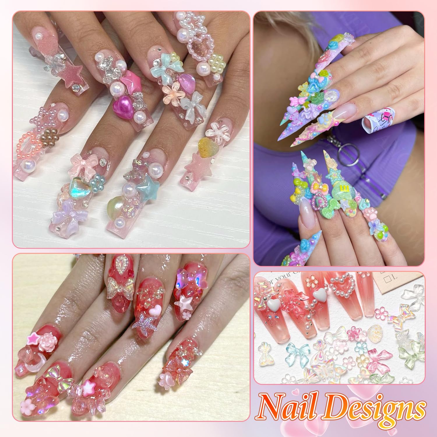 Anower charms applied on acrylic nails demonstrating finished look