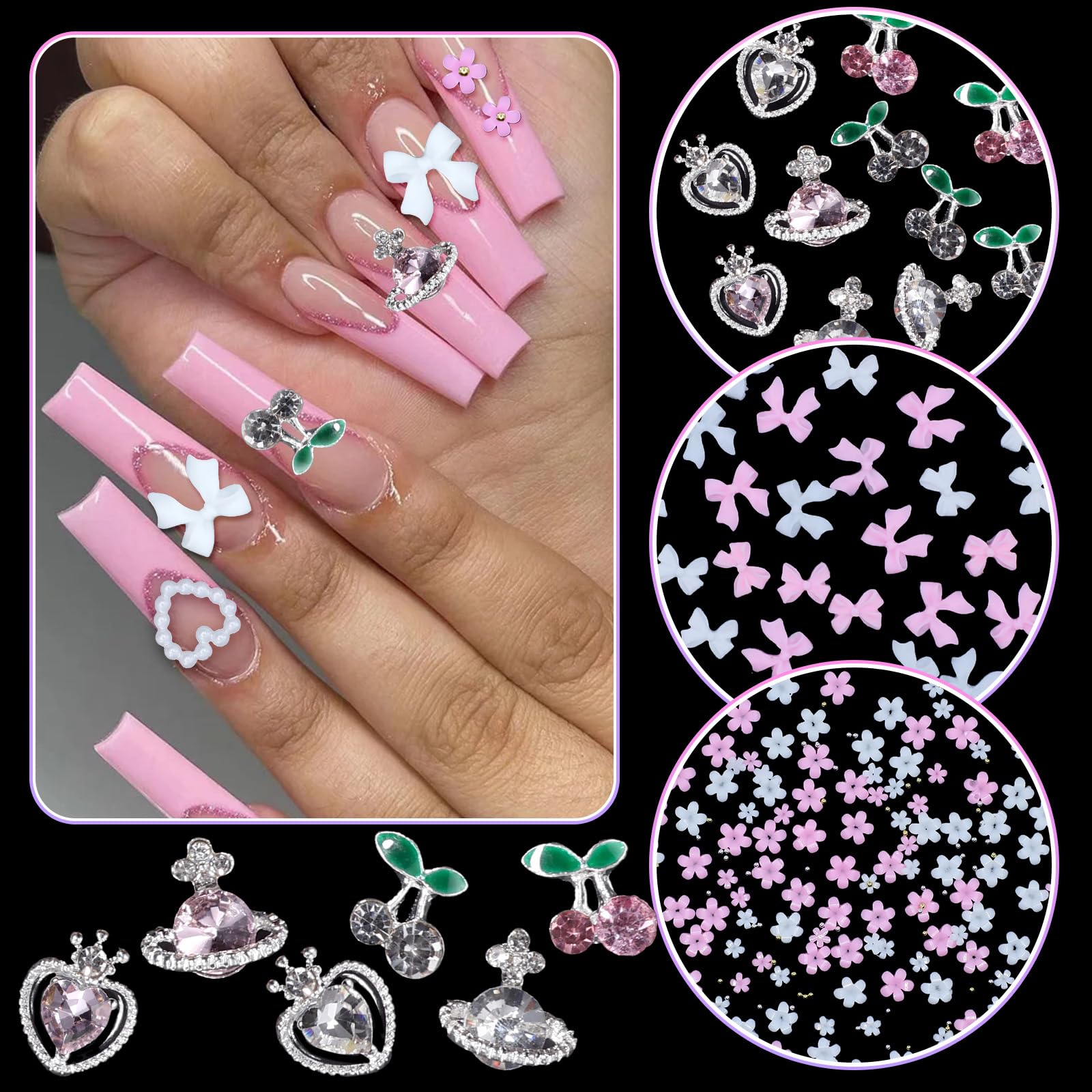 Anower charms applied to a manicure demonstrating layered textures and visual impact