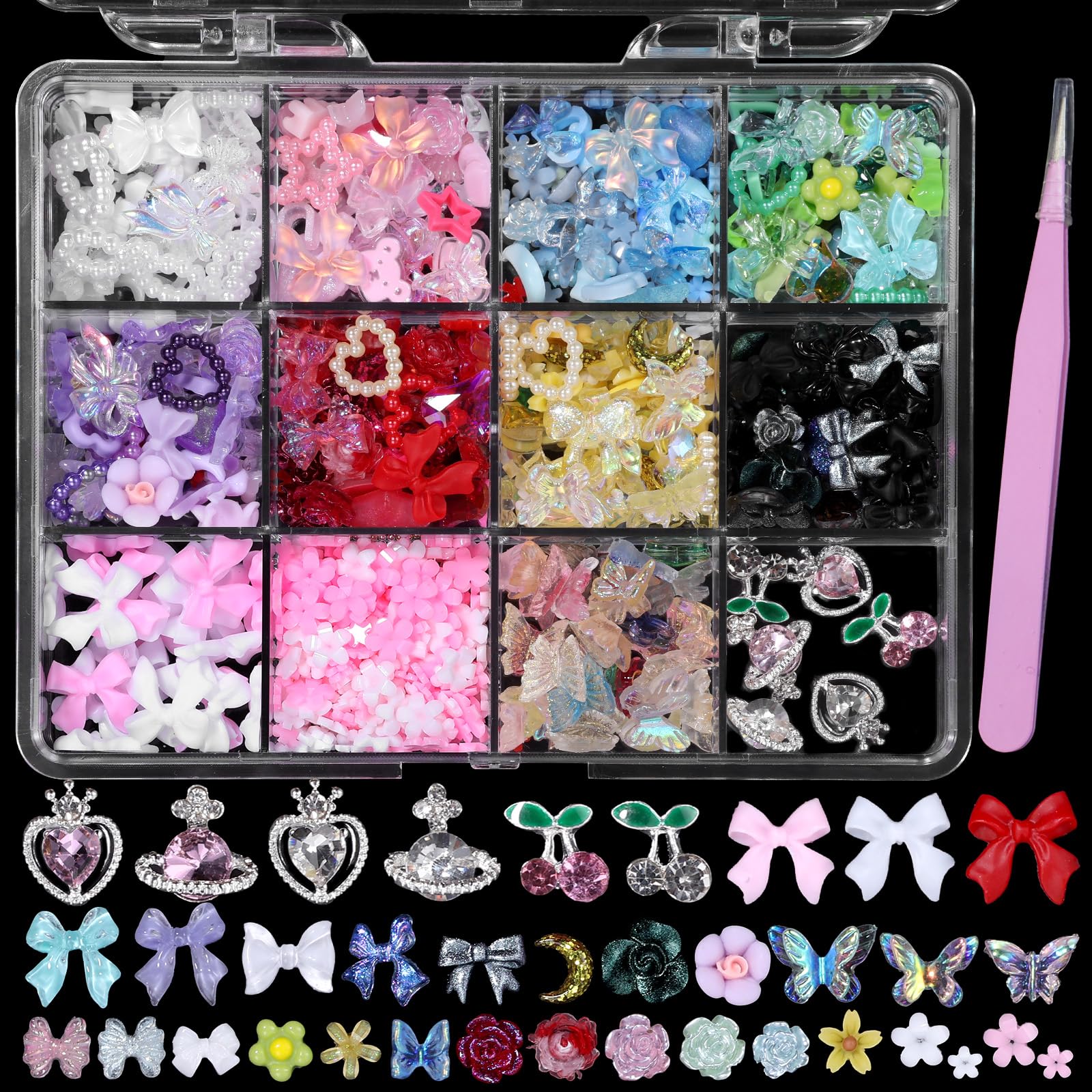 Anower front box display showing assorted nail charms and included tweezer for easy use