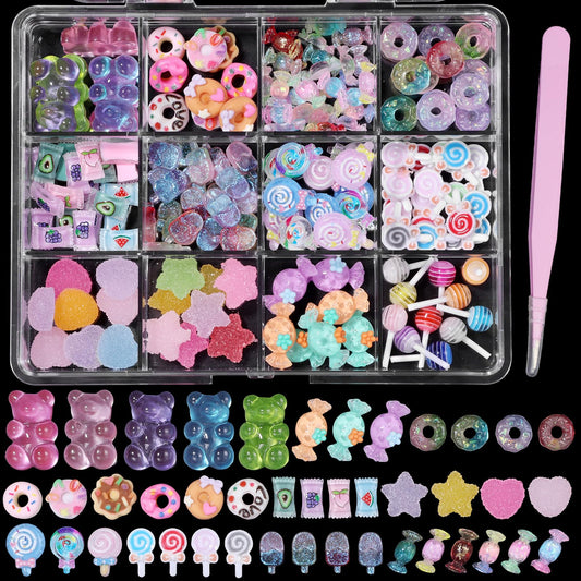 Anower front package view showing colorful candy nail charms and benefits