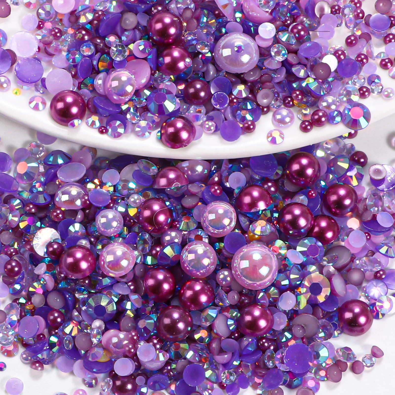 Anower front packaging showing mixed purple pearls and rhinestones, ideal for crafts
