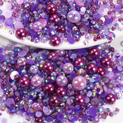 Anower front packaging showing mixed purple pearls and rhinestones, ideal for crafts