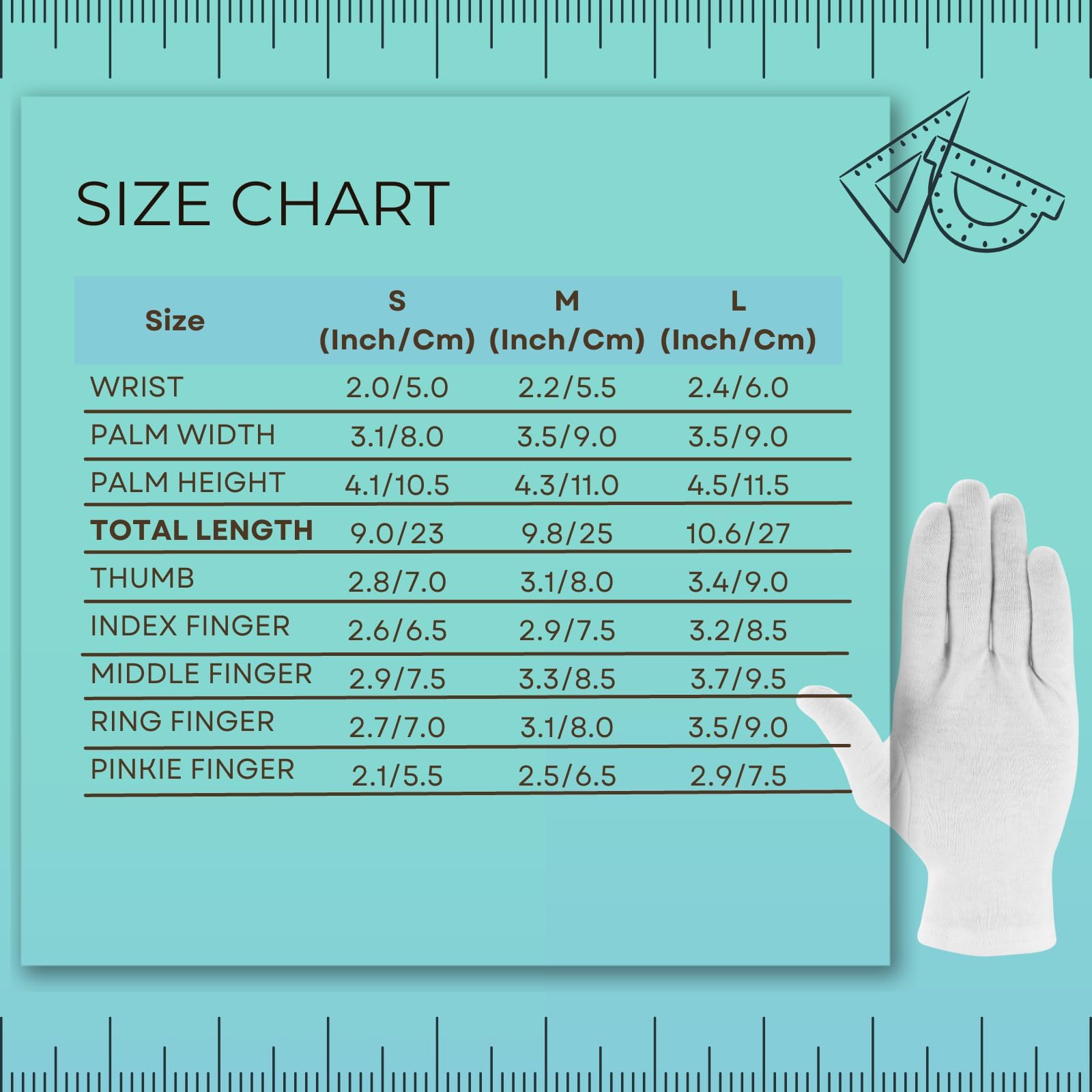 ANSMIO gloves next to a ruler showing 9-inch size and true-to-fit benefit