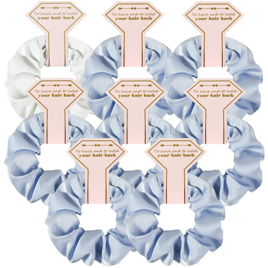 Antetek front packaging showing eight white and dusty blue scrunchies and gift cards, ready to gift