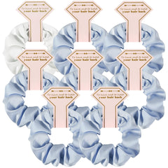 Antetek front packaging showing eight white and dusty blue scrunchies and gift cards, ready to gift