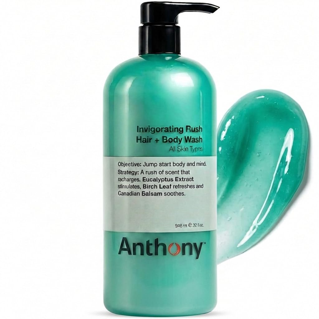 Anthony front bottle view showing 32 fl oz and invigorating woodsy scent benefits