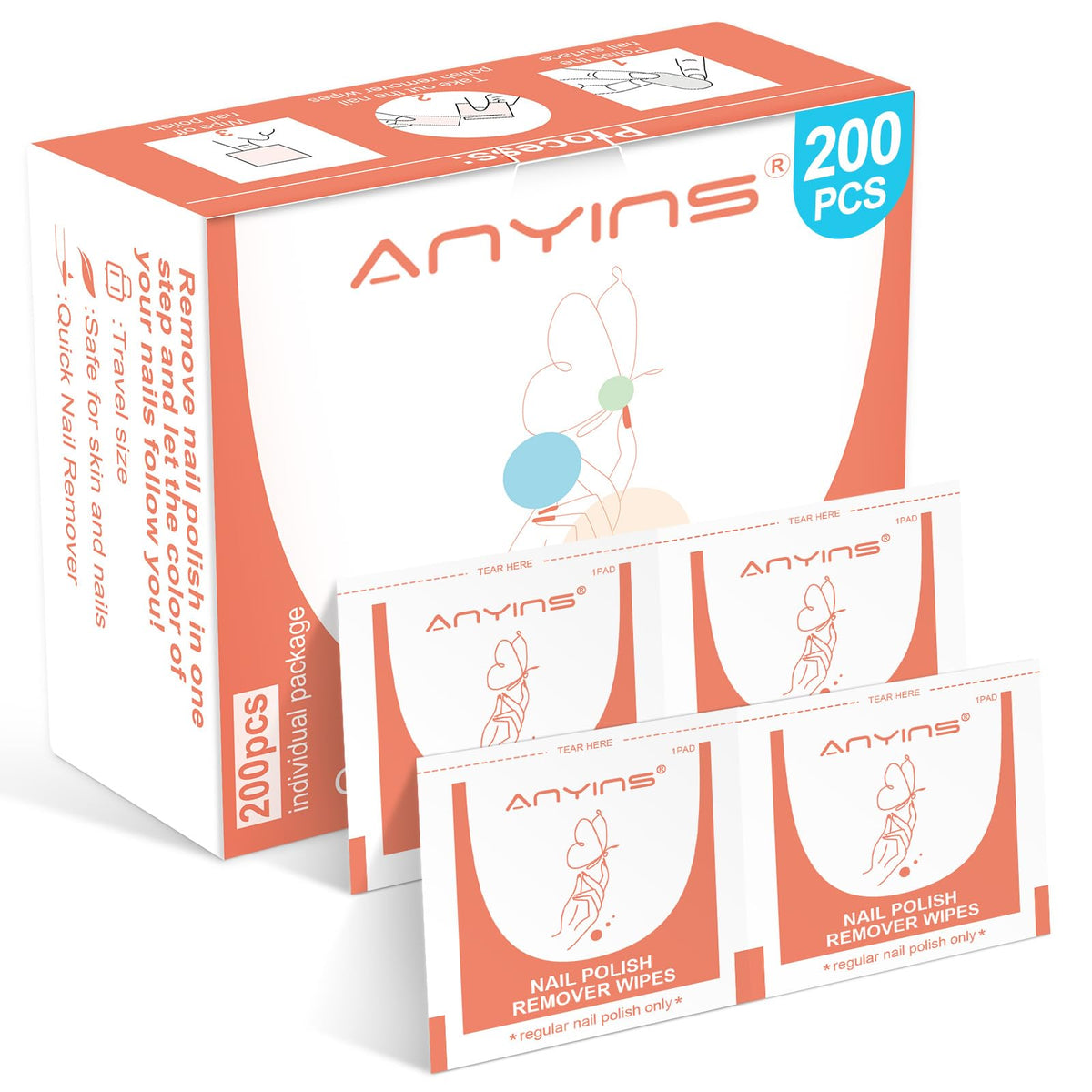 ANYINS front pouch showing 200-count pack and branding benefit convenience