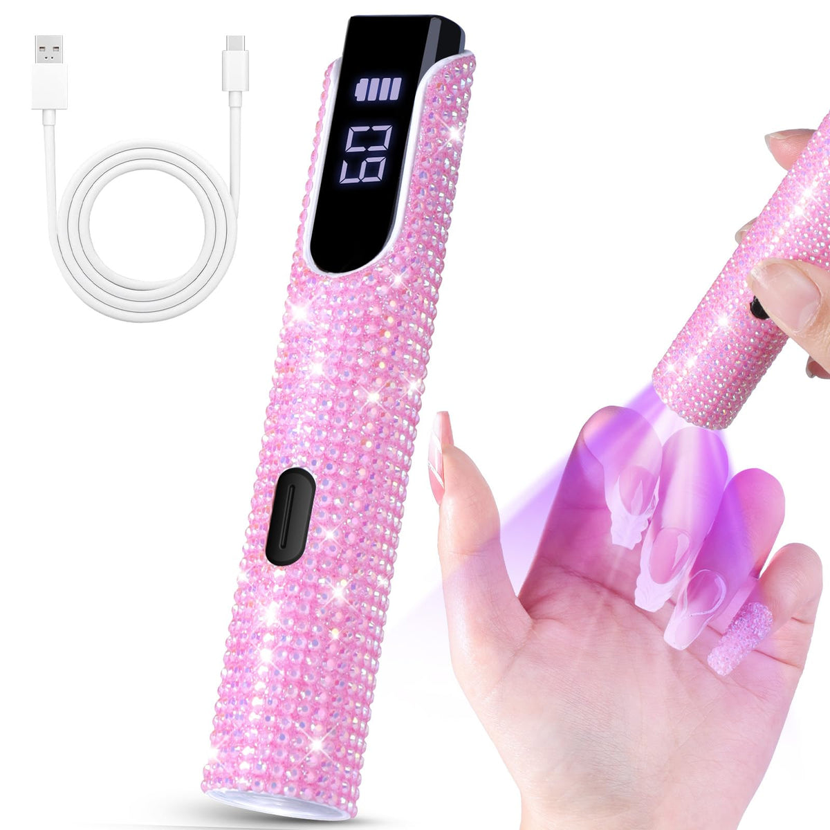 ANYINS pink diamond lamp front view showing compact design and fast curing benefit
