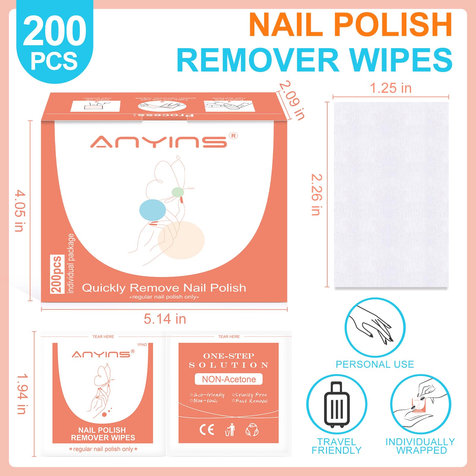 ANYINS single pad unfolded close-up showing saturated wipe for effective removal