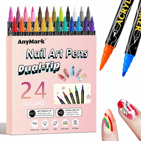 AnyMark front packaging showing 24 colorful nail art pens and branding, clear kit overview benefit
