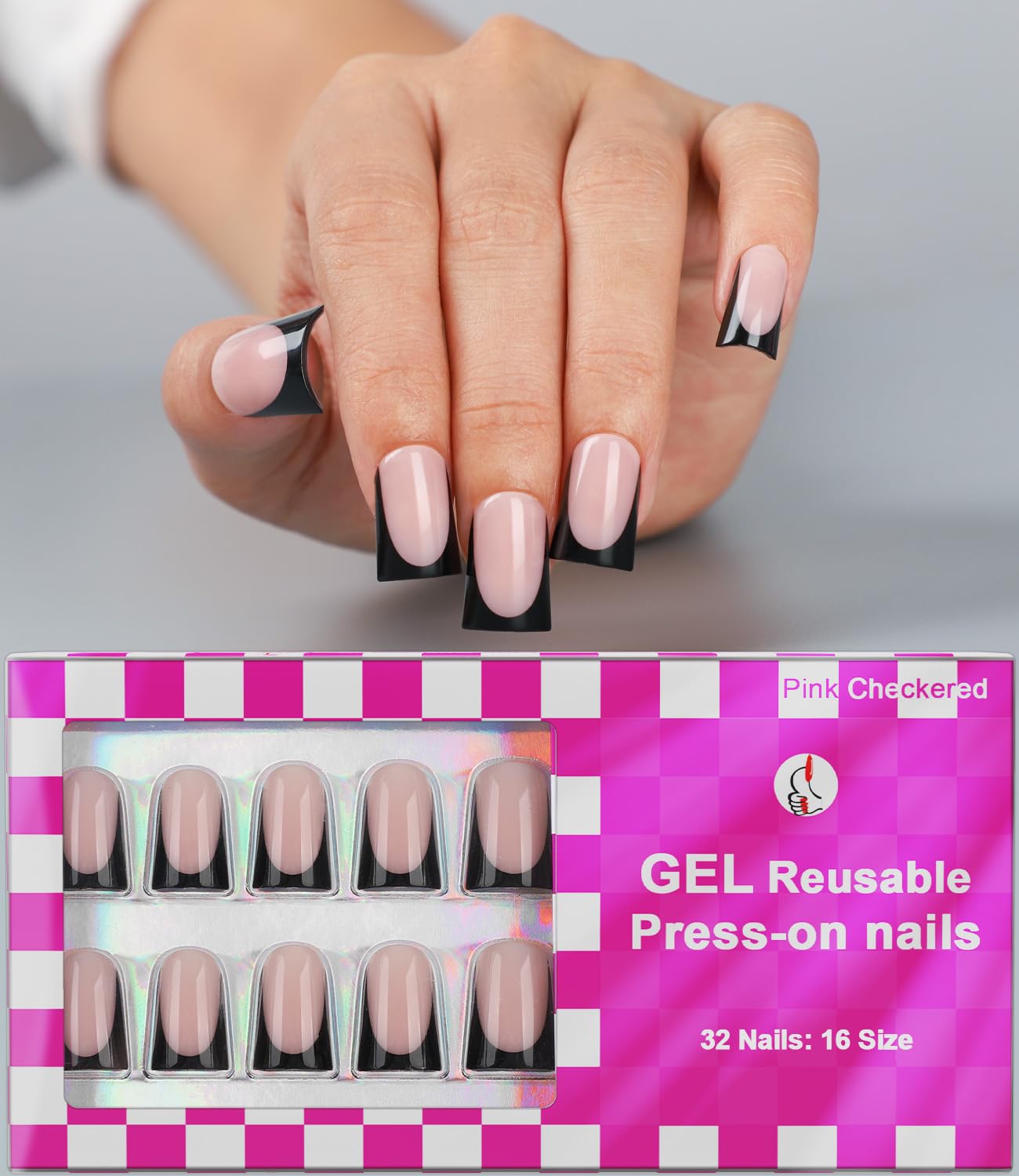 Anyos front packaging of classic black press-on nails showing complete kit and benefit of convenience