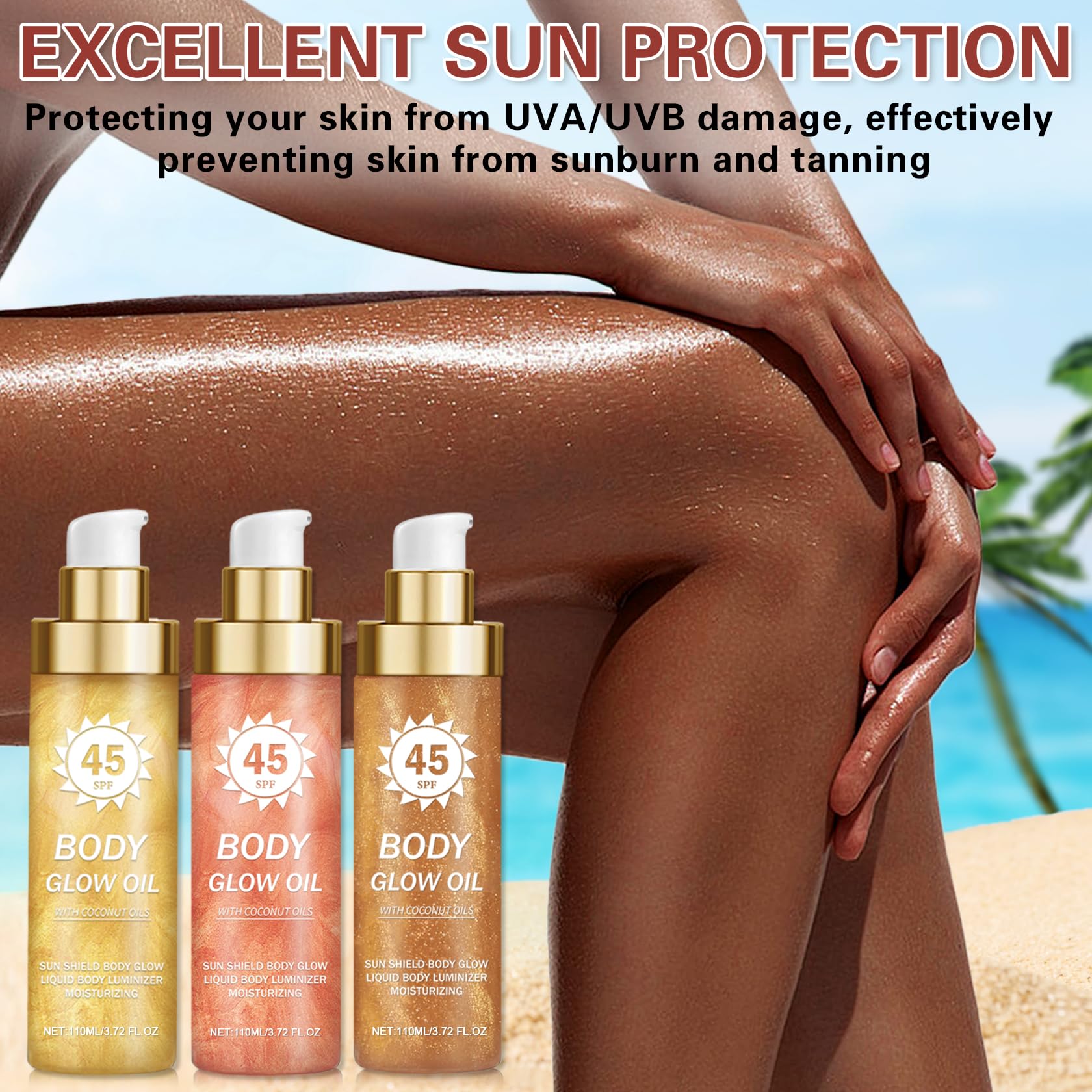 AOAZXBB lifestyle beach model demonstrates sunscreen protection and radiant skin