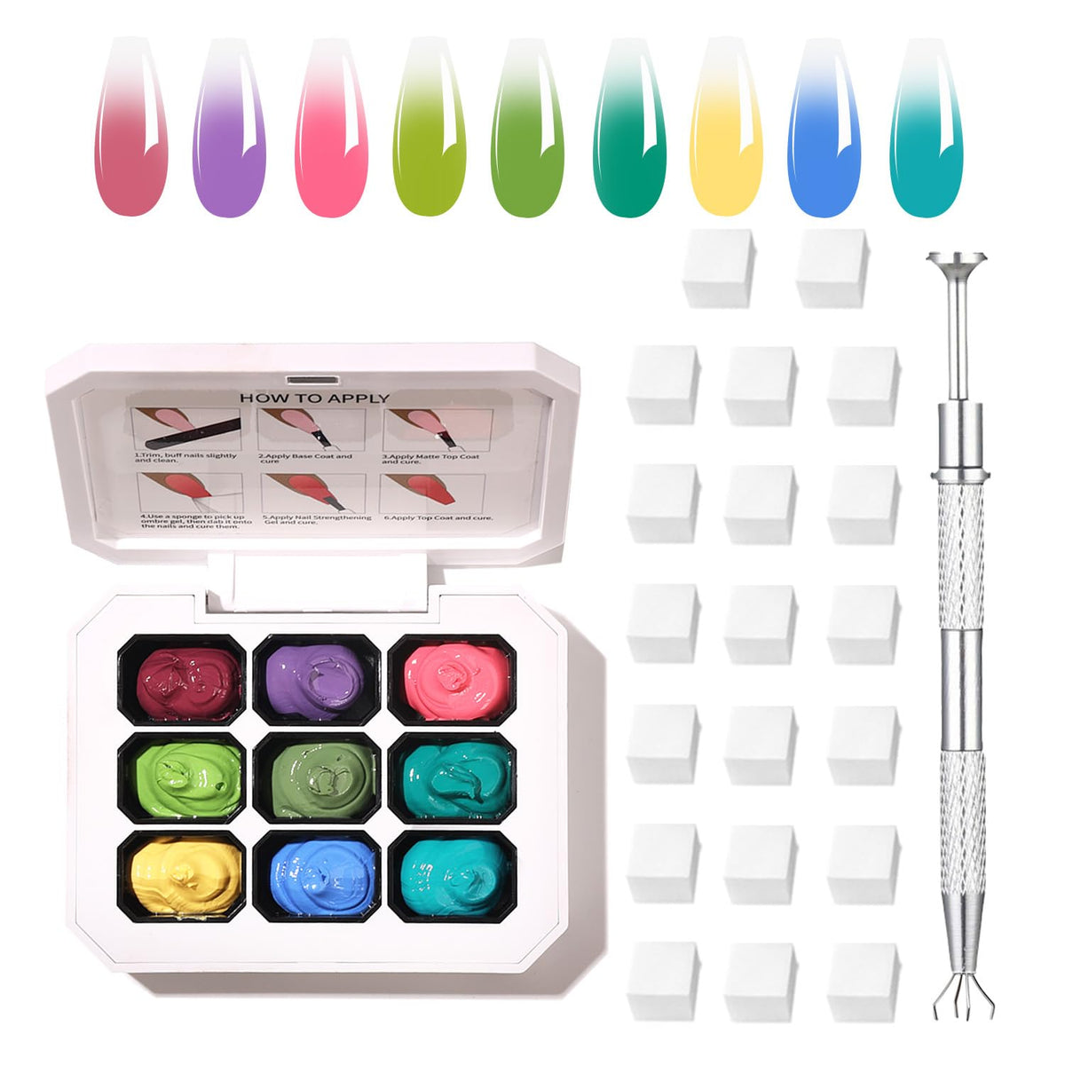 AOBOO front packaging showing full 9-color ombre gel kit and sponges for easy application