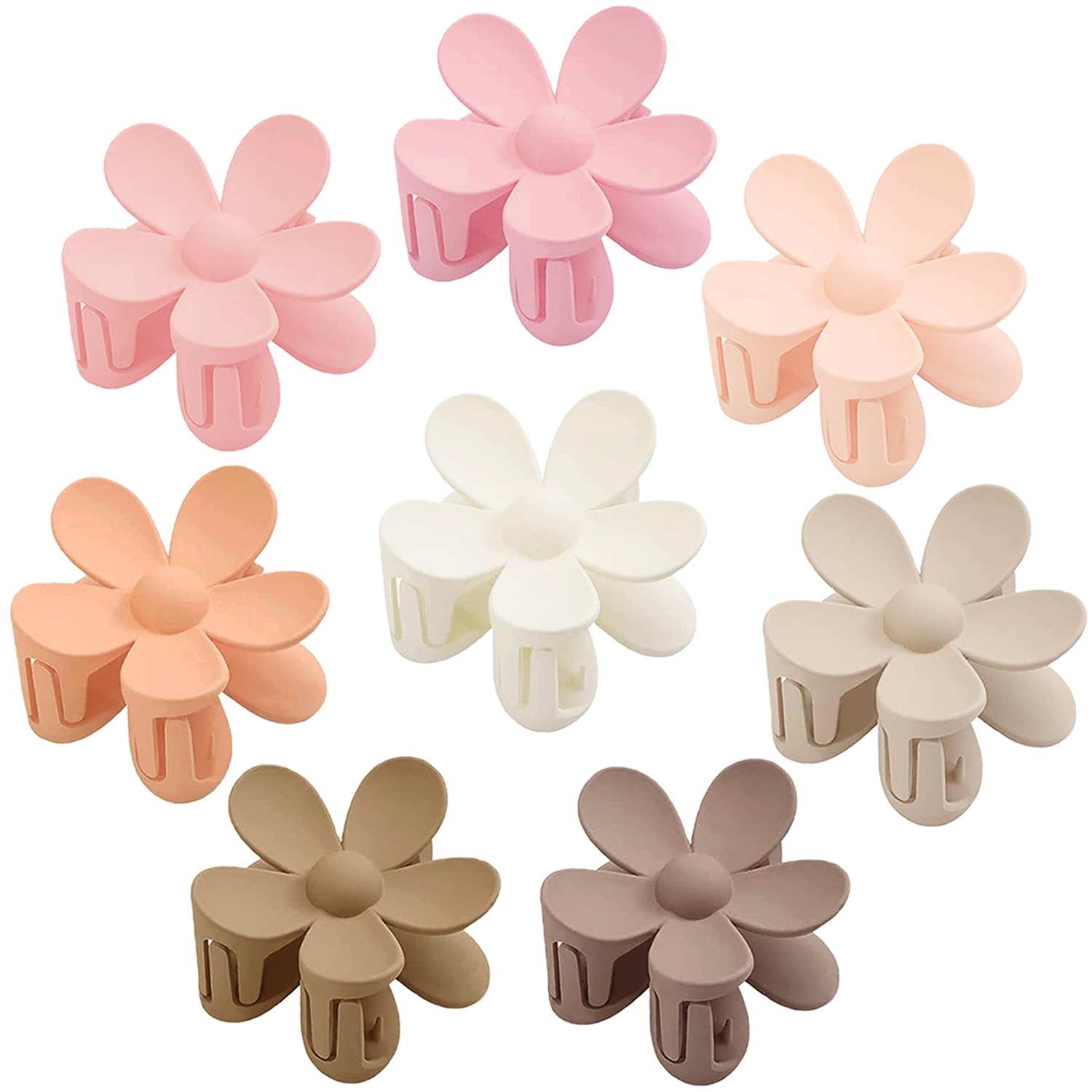 AOENJIE front view of eight flower clips showing colors and shape for versatile styling
