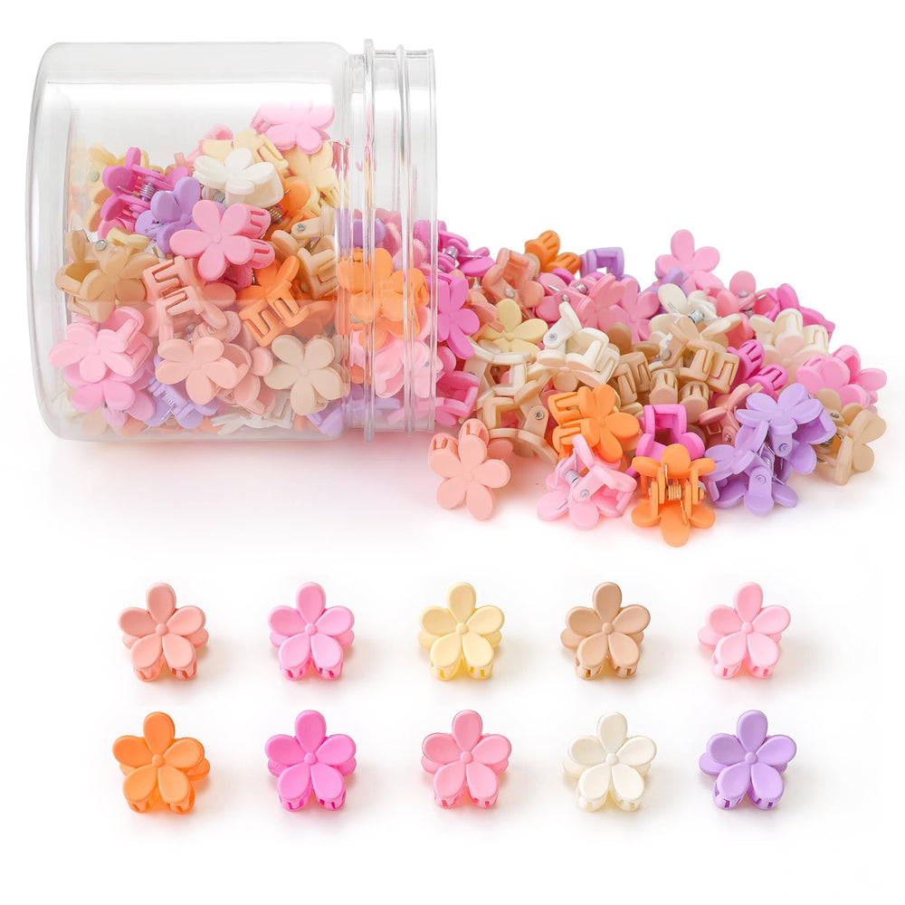 AOENJIE front packaging of 100 mini flower hair clips shows color range and quantity enhancing styling options