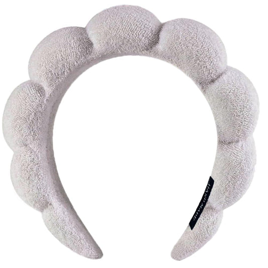 AOENJIE headband front view showing plush gray terry cloth and snug fit benefit