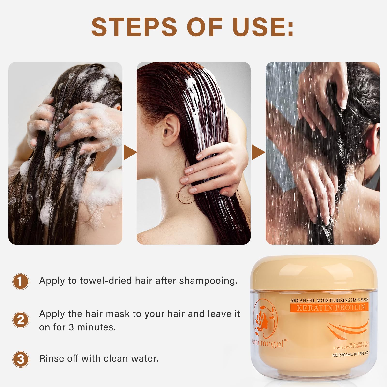 Aomimegel mask applied to wet hair in shower showing deep-conditioning treatment process