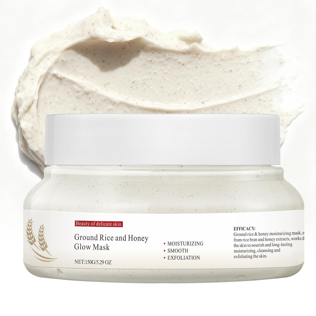 AOPEIBOTO front jar showing rice and honey mask packaging and clear benefit