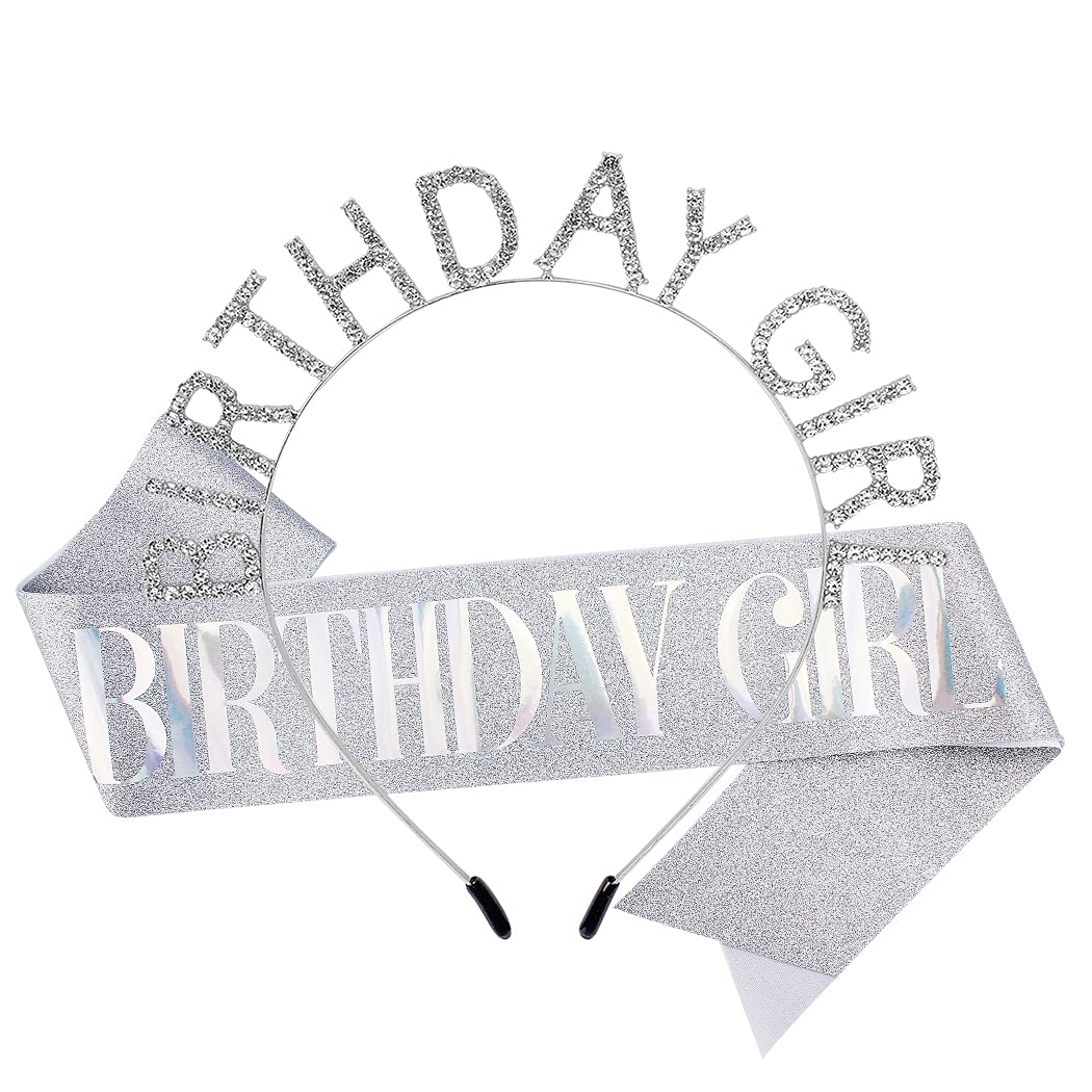 AOPRIE silver crown front view showing glittering rhinestones and clear birthday lettering for celebration appeal
