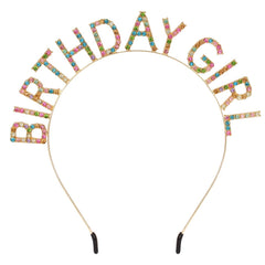 AOPRIE headband front view showing gold crown and birthday text for standout photos