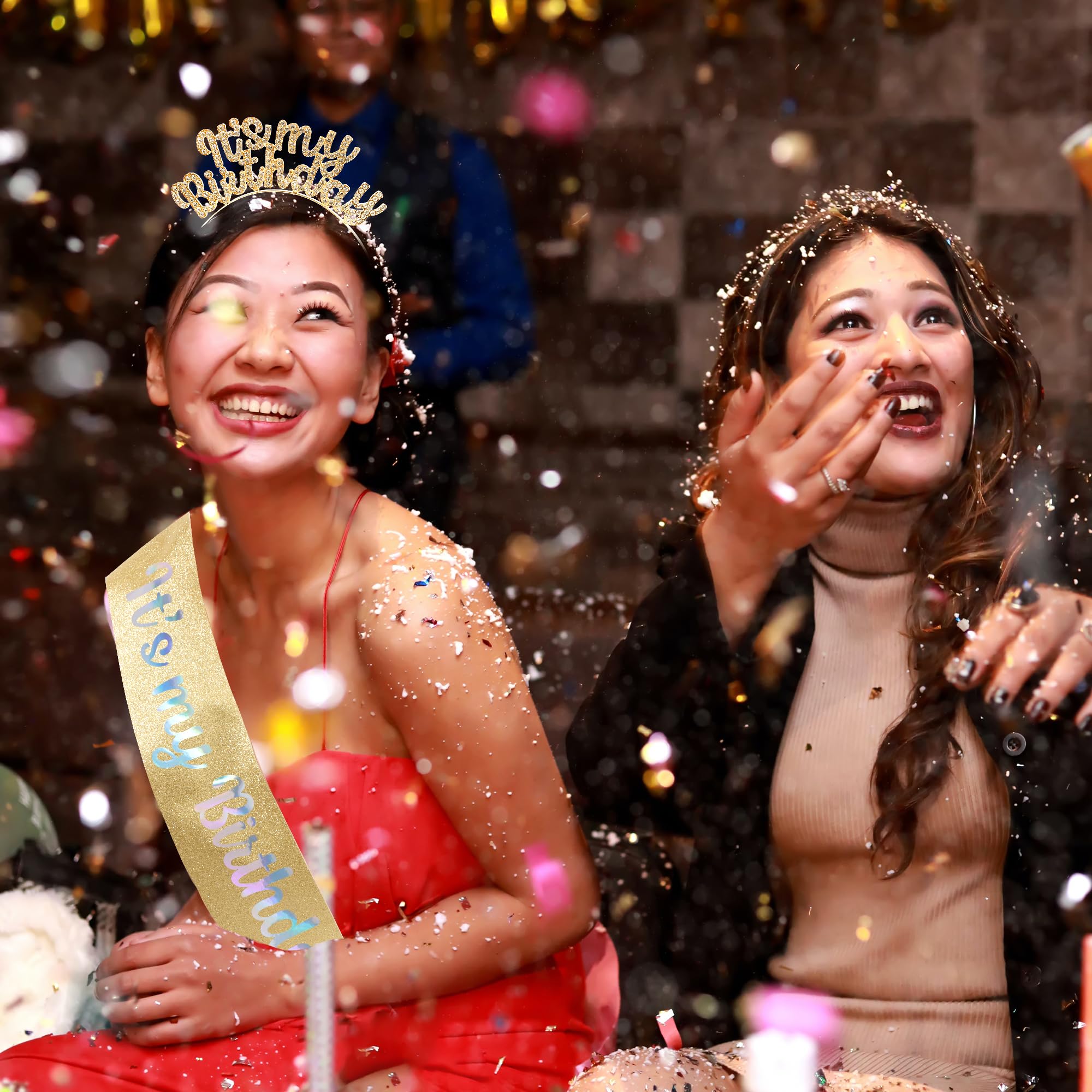 AOPRIE tiara and sash in party scene creating festive photo-ready presence