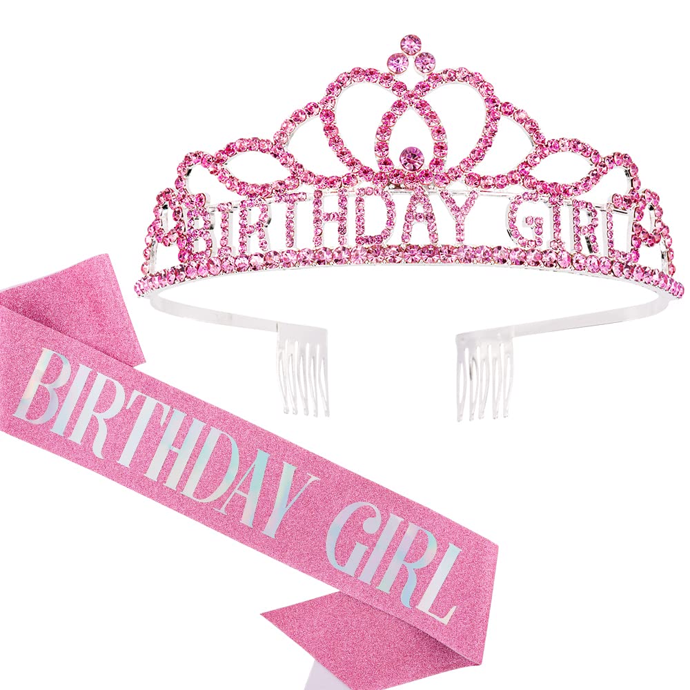 AOPRIE pink rhinestone crown front view showing sparkle and elegant shape