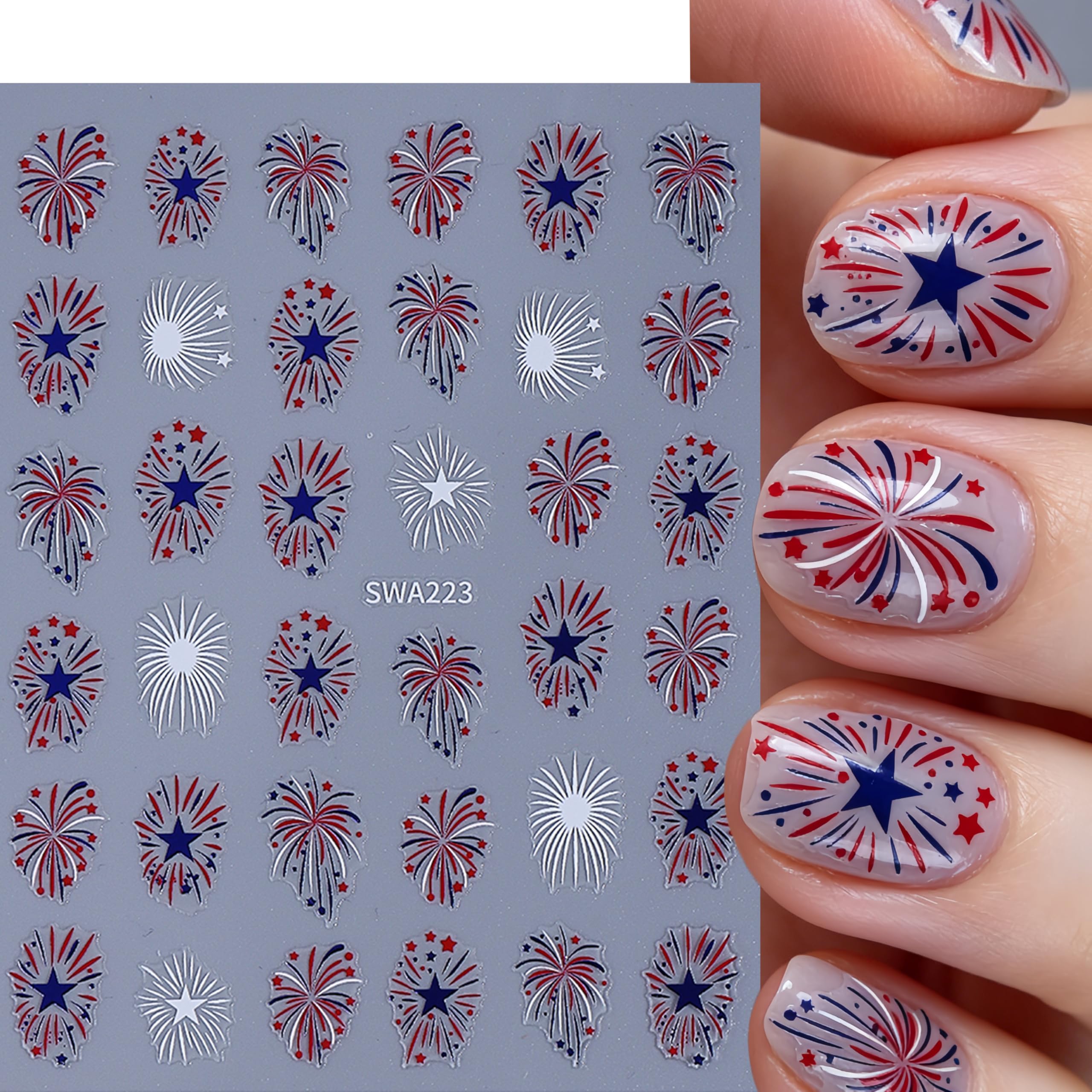 Aoustratum finished manicure featuring fireworks decals for festive, polished nails