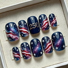 Aoustratum front packaging showing 30-piece patriotic nail set and quick application benefit