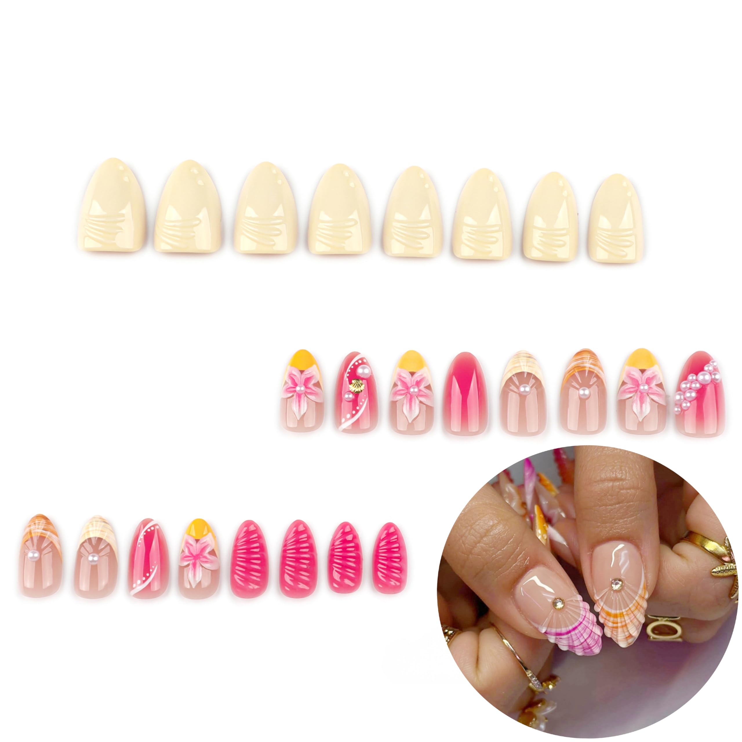 Aoustratum nails worn on hand in beach setting for vacation-ready style