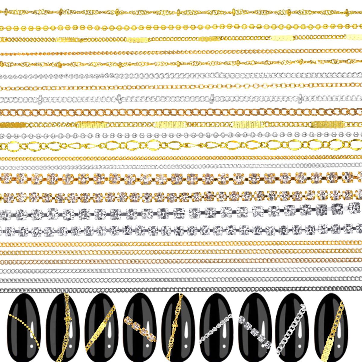 AOZUO front packaging showing mixed metal nail chains and contents benefit customization