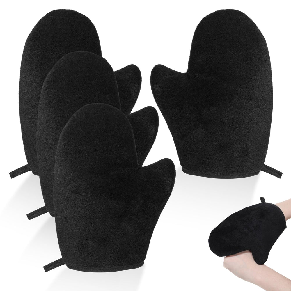 Apausvcm front view of four black tanning mitts showing pack convenience and protection
