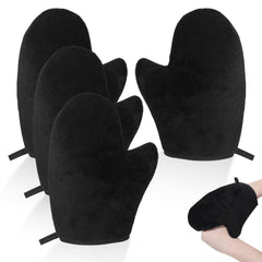 Apausvcm front view of four black tanning mitts showing pack convenience and protection