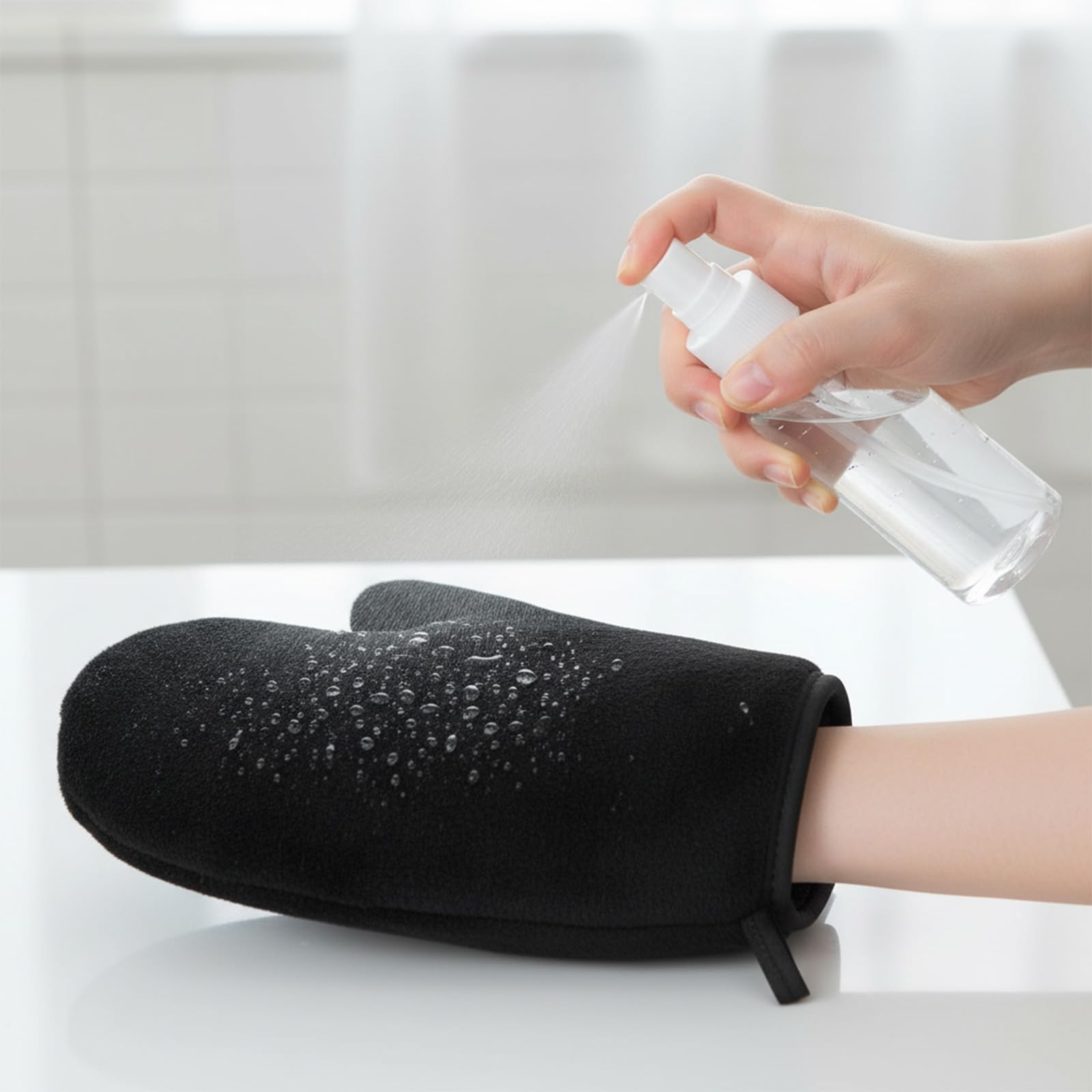 Apausvcm mitts staged on bathroom counter showing reusable travel-ready set
