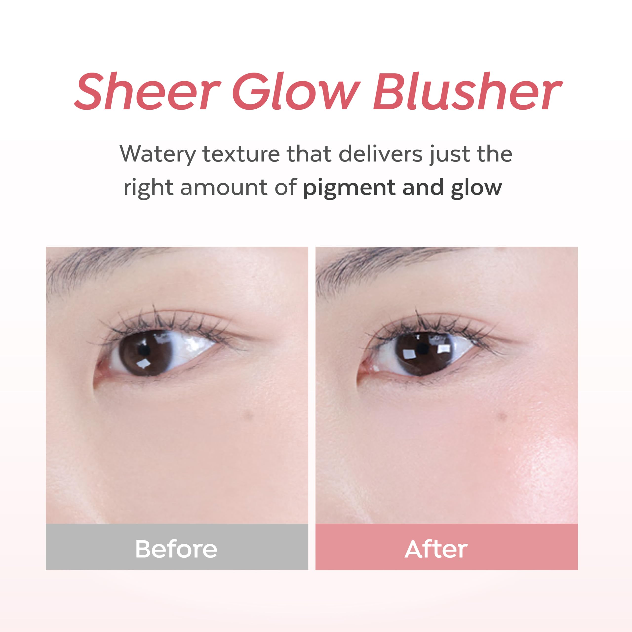 Side-by-side before and after using A'PIEU showing enhanced cheek color benefit visible radiance