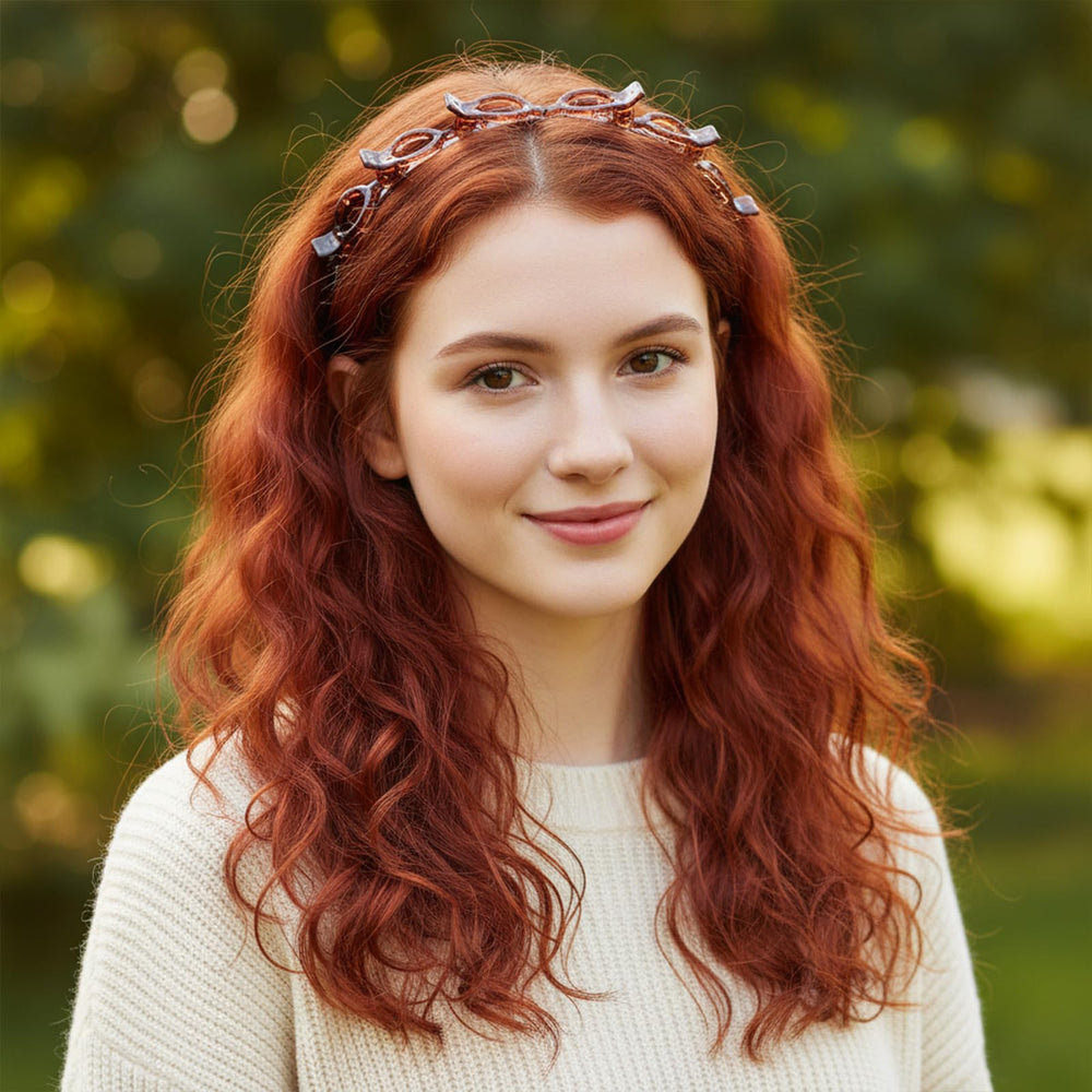 Apojgitn brown headband on short hair securing bangs without pins