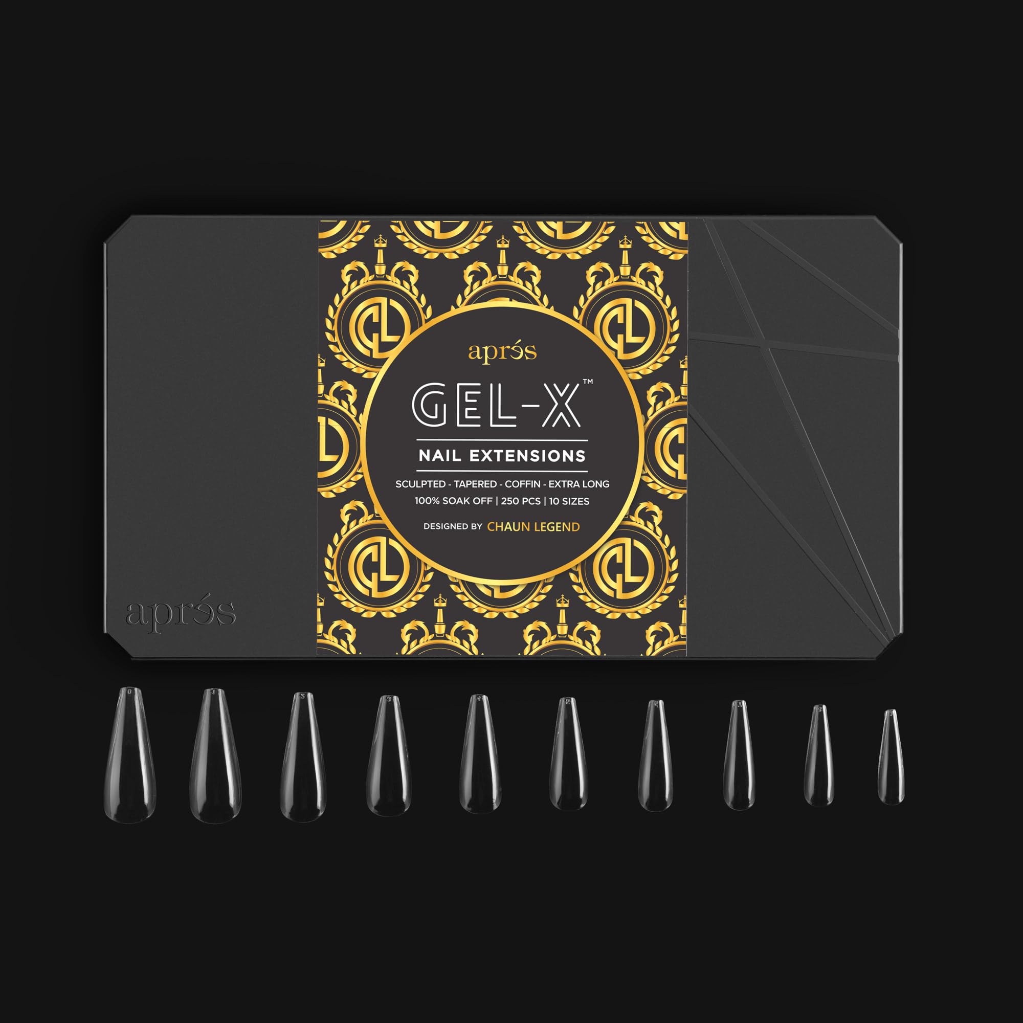 APRÉS hand holding several Gel‑X tips showing extra long scale and length