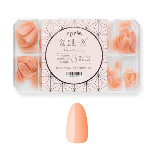 APRÉS box front showing Emma Neutrals and 150 soft gel tips benefit natural look