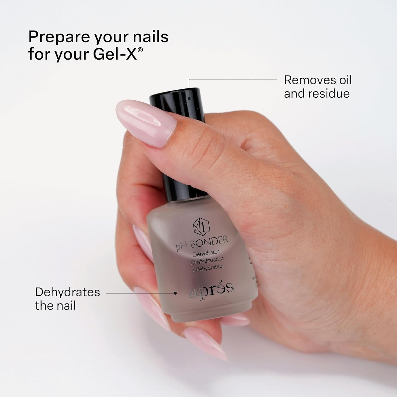 APRÉS non-acidic primer close-up nozzle prevents irritation and preps nails