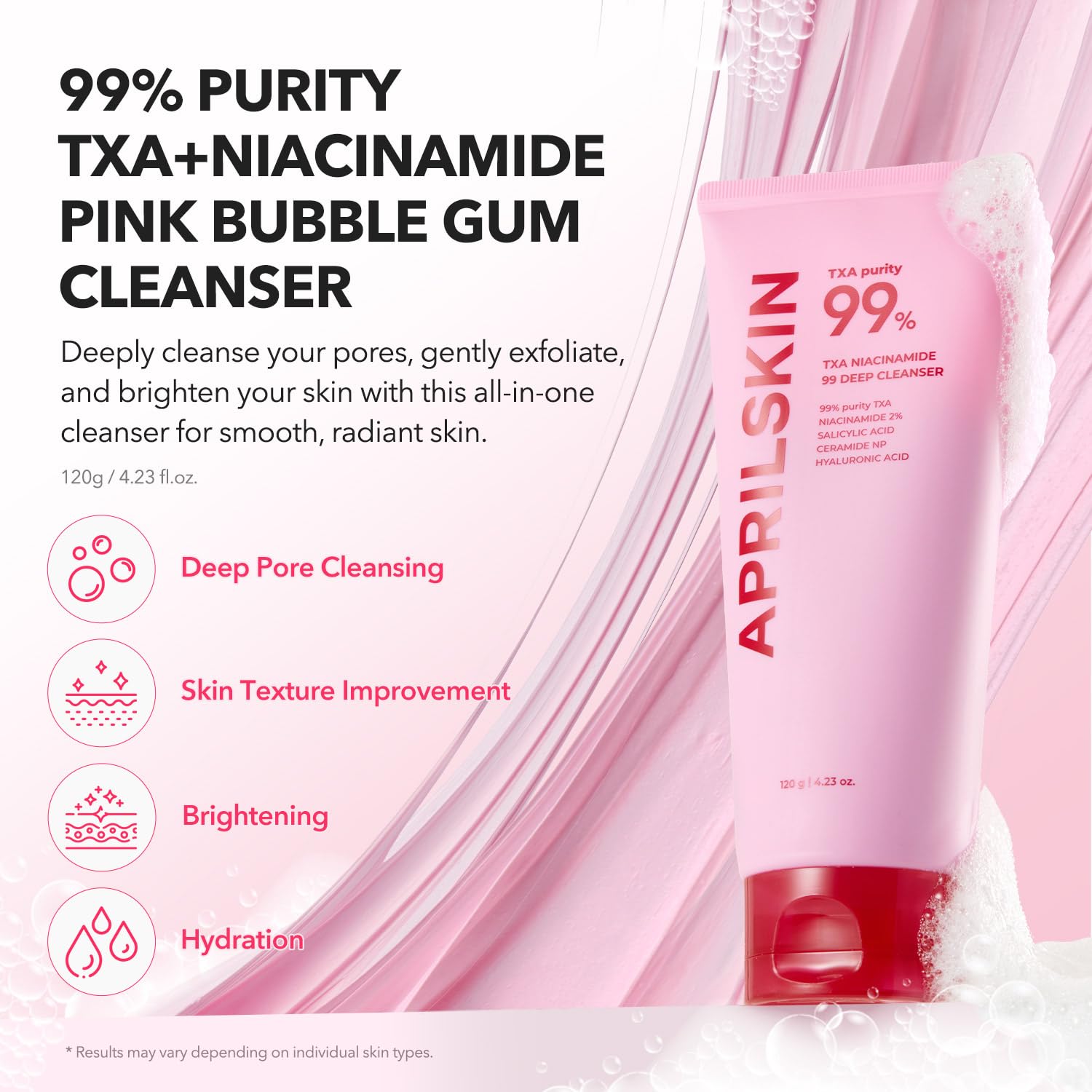 APRILSKIN close-up of chewy pink texture being stretched to show adhesive cleansing benefit