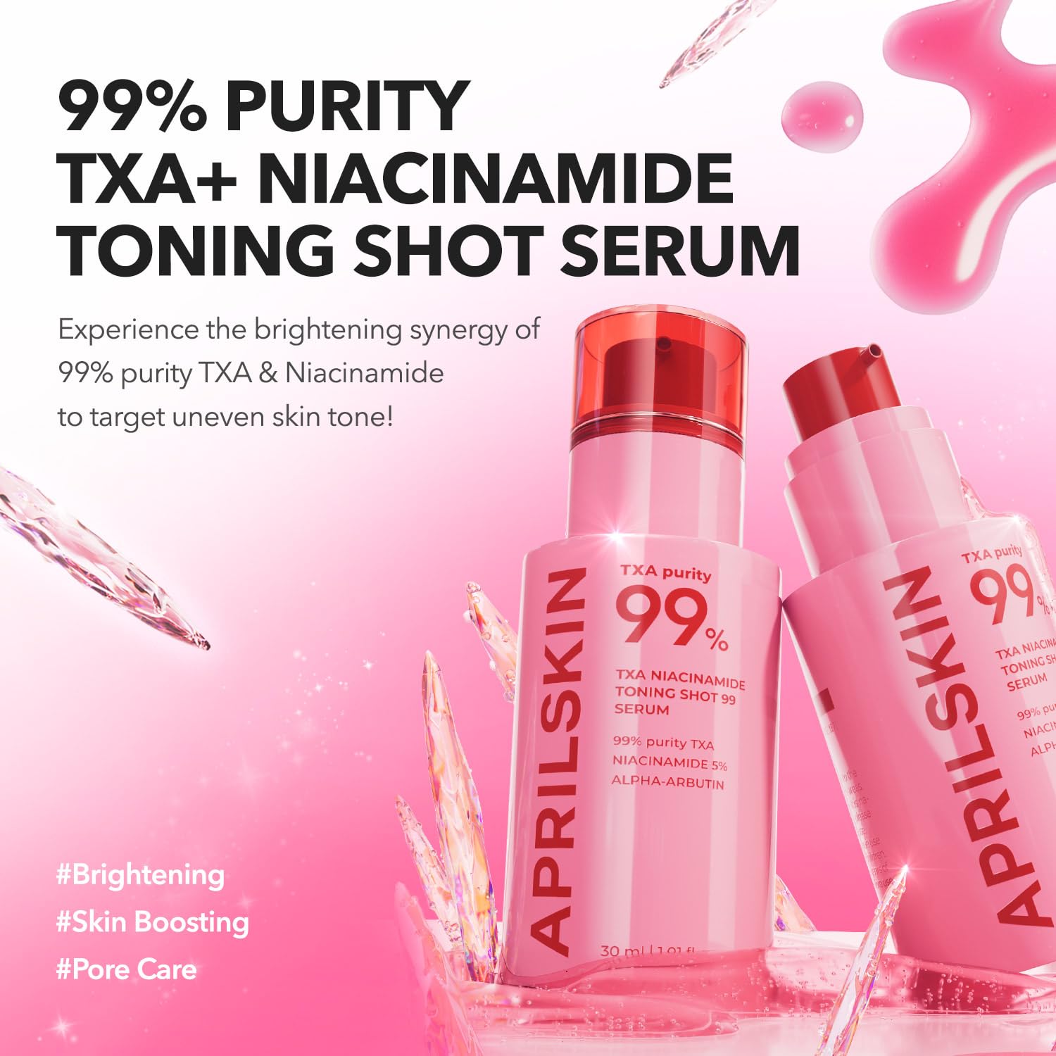 APRILSKIN dropper releasing clear serum, highlighting quick absorption benefit