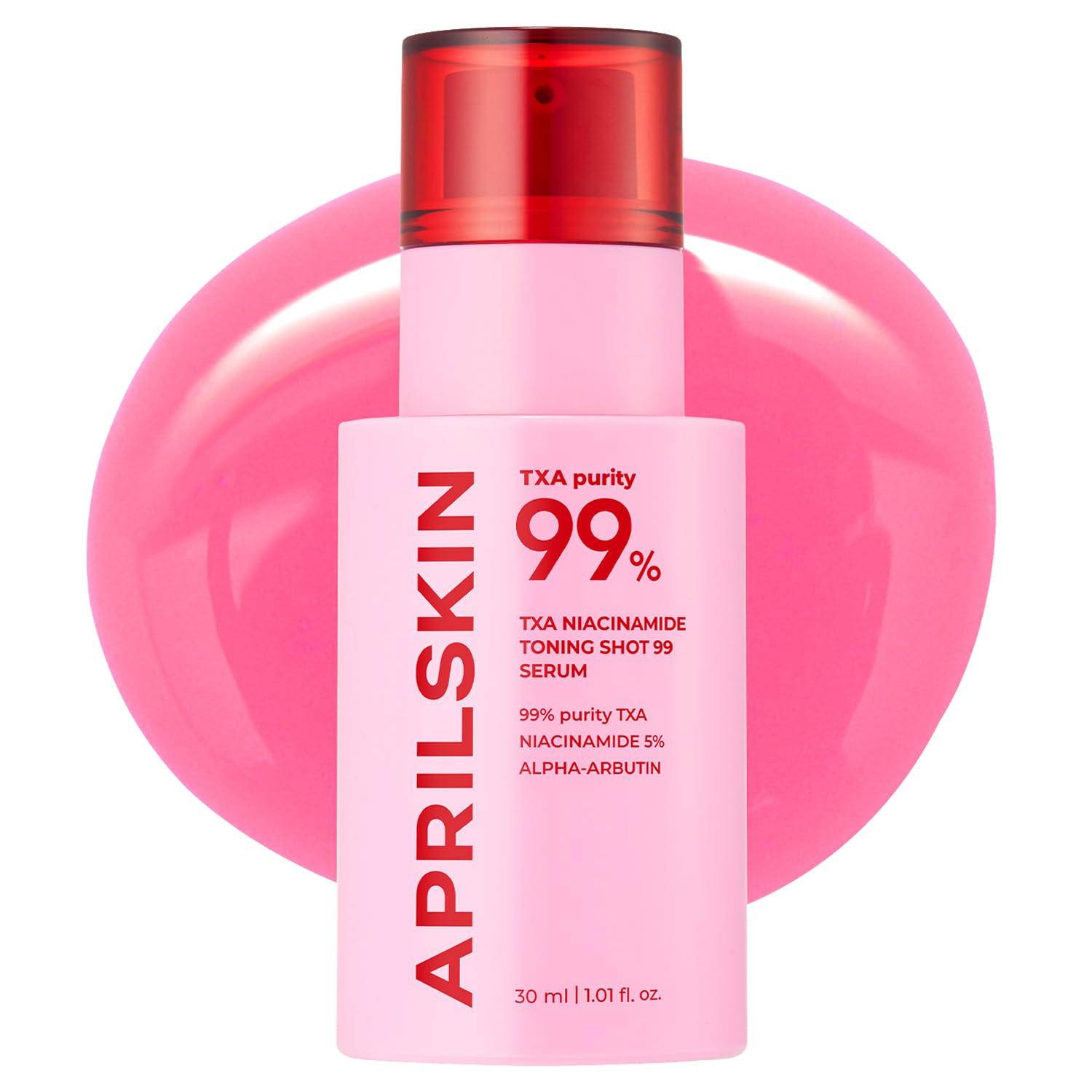 APRILSKIN front bottle view showing compact serum packaging and brightening benefit