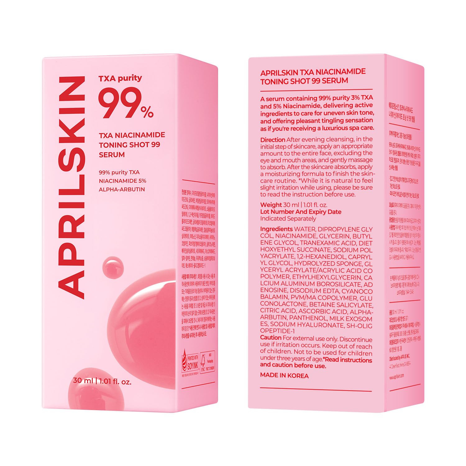APRILSKIN external packaging box highlighting formulation details and care benefit
