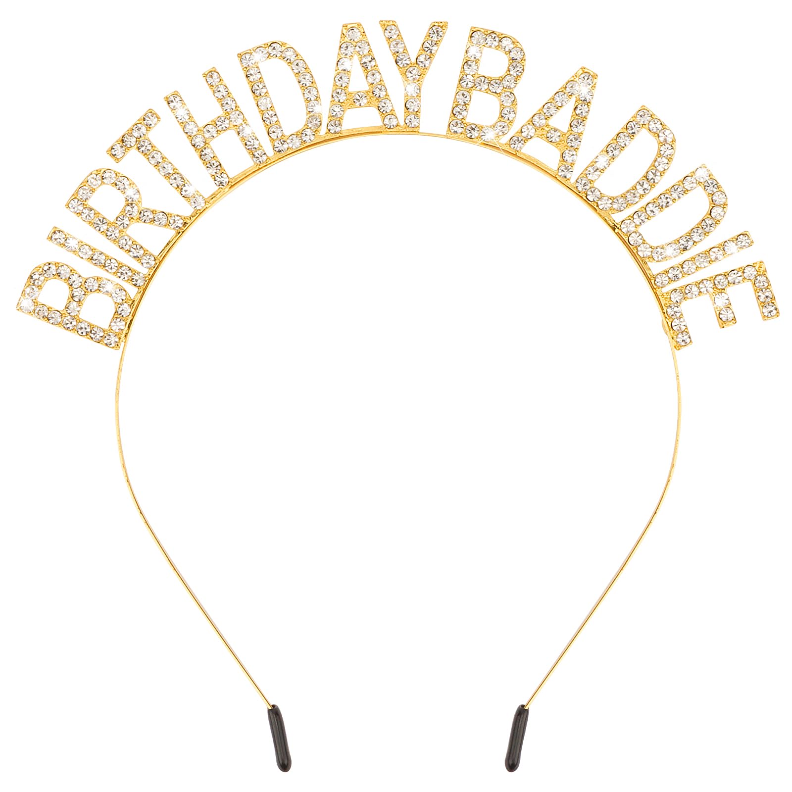 Aprince front view of gold Birthday Baddie tiara showing bold lettering and festive look