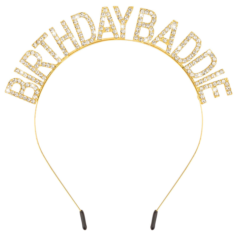 Aprince front view of gold Birthday Baddie tiara showing bold lettering and festive look