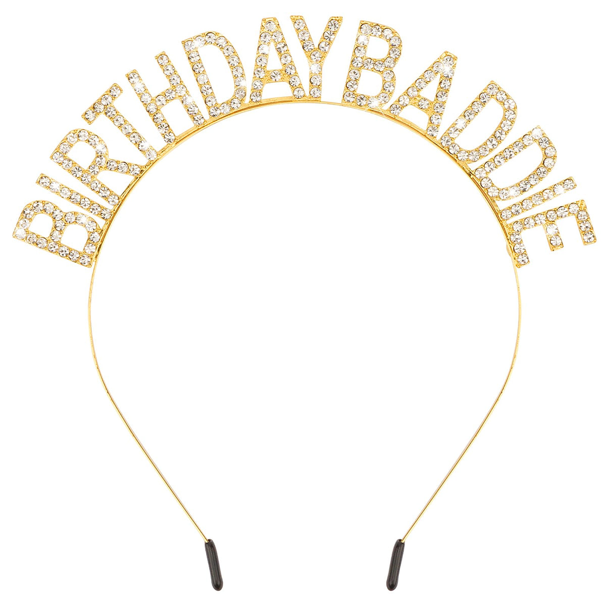 Aprince front view of gold Birthday Baddie tiara showing bold lettering and festive look