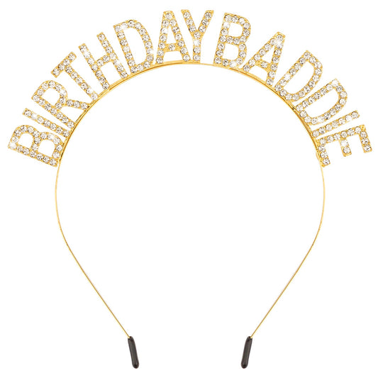 Aprince front view of gold Birthday Baddie tiara showing bold lettering and festive look