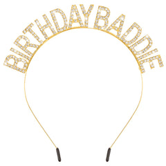 Aprince front view of gold Birthday Baddie tiara showing bold lettering and festive look