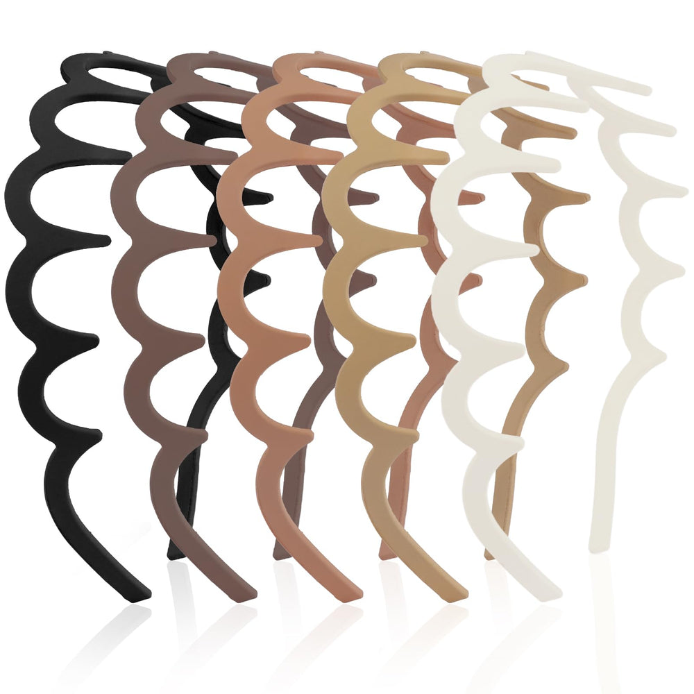 Aprince front view of five-piece headband set showing neutral matte finish and variety