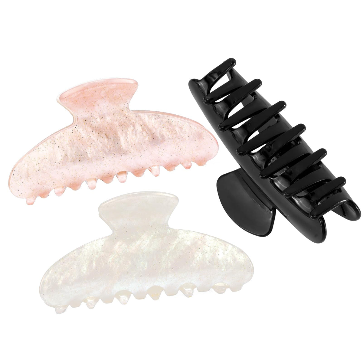 Aprince front view of three marble claw clips, shows color options and durable hold